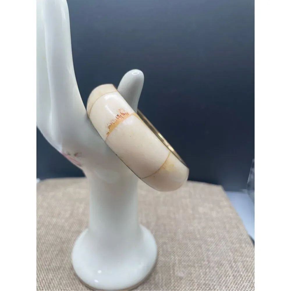 Chunky & Thick Vintage 1960s Brass Inlay Bangle Hippie Bracelet Ivory and Brass